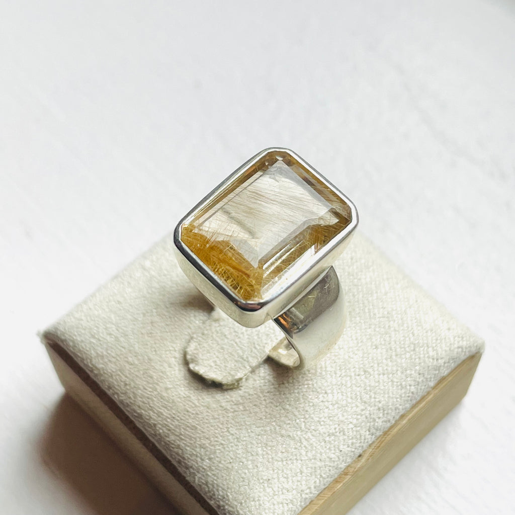 Rutilated Quartz Medium Rectangle Cut Ring - US 7.5