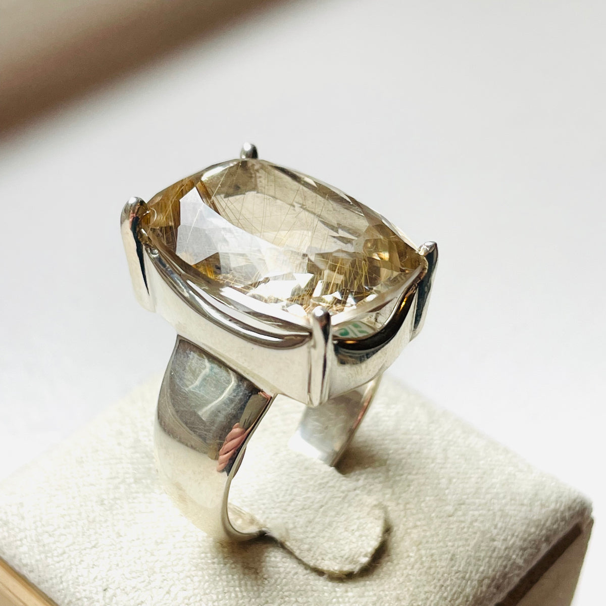 Rutilated Quartz Medium Cushion Cut Four-Prong Setting Ring #1 - US 7