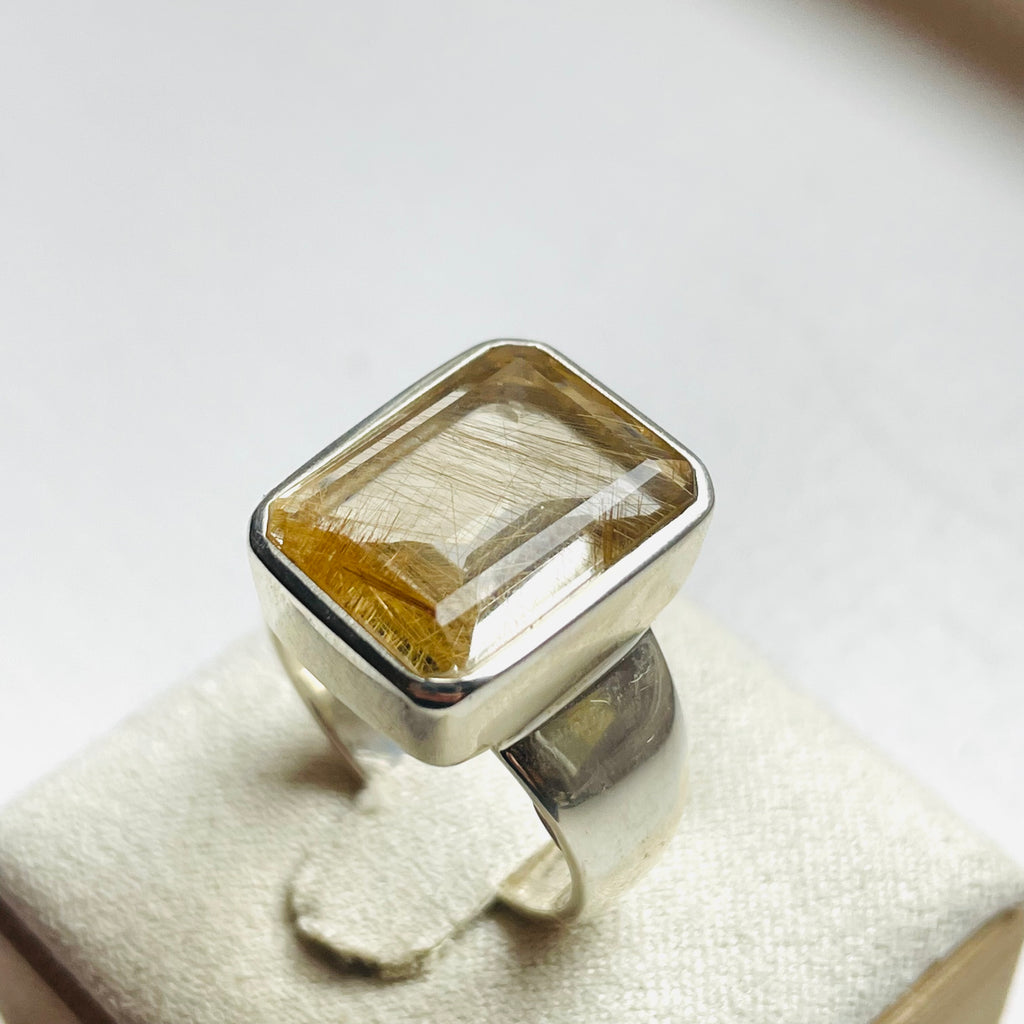 Rutilated Quartz Medium Rectangle Cut Ring - US 7.5