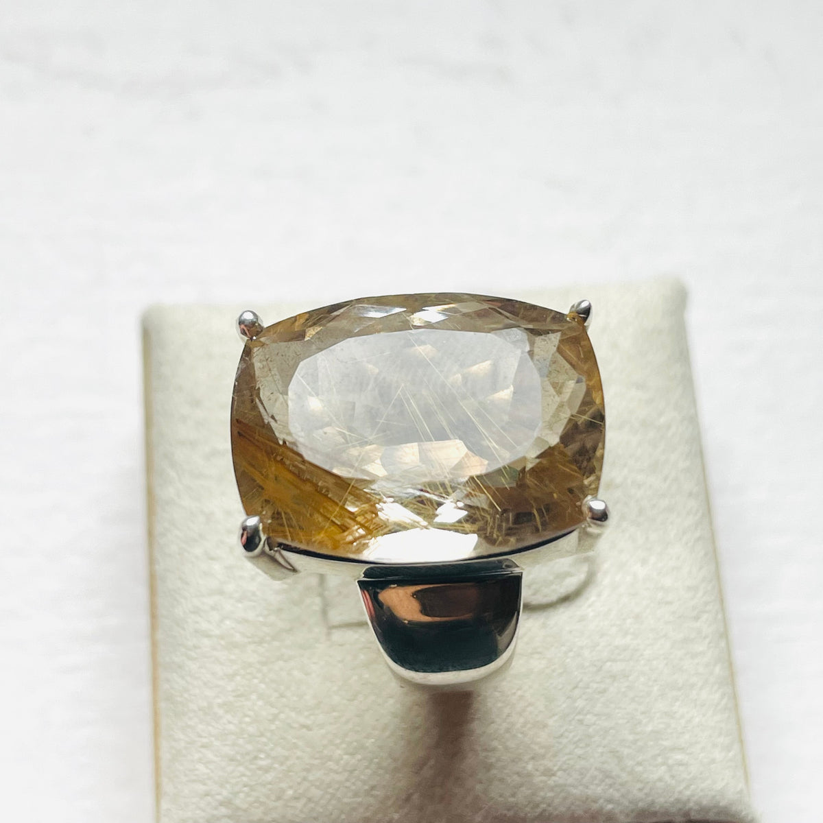 Rutilated Quartz Medium Cushion Cut Four-Prong Setting Ring #1 - US 7