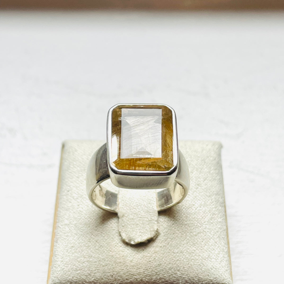 Rutilated Quartz Medium Rectangle Cut Ring - US 7.5