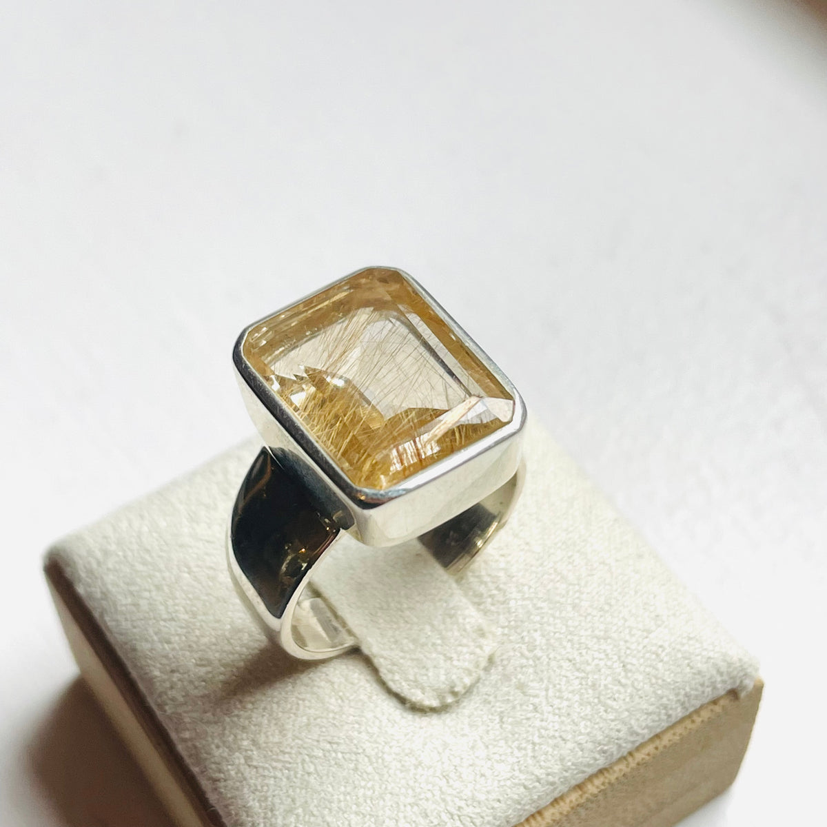 Rutilated Quartz Medium Rectangle Cut Ring - US 7.5